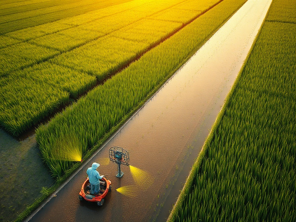 A conceptual illustration comparing two types of smart rice field water management: Left side labeled 