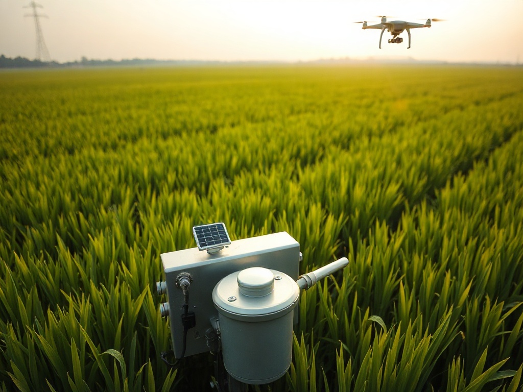 A wide-angle high-tech agriculture photo of the massive Yoshinoya Farm Fukushima. Hundreds of neat, sprawling green rice paddies stretching to the horizon. In the foreground, an automatic Aquaport water gate with a tiny built-in solar panel or battery pack is controlling water inlet flow. Below it, a sleek metallic telemetry sensor device with a long antenna. In the far background, a modern agricultural drone flying over the fields. Crisp professional photography, sunset glow, 8k.